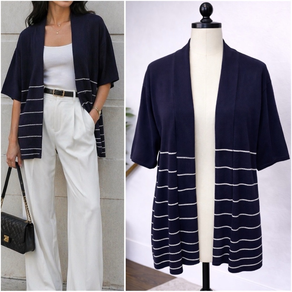 GAP |EUC Vintage Cotton HongKong Navy White Striped Knit Open-Front Cardigan (M)